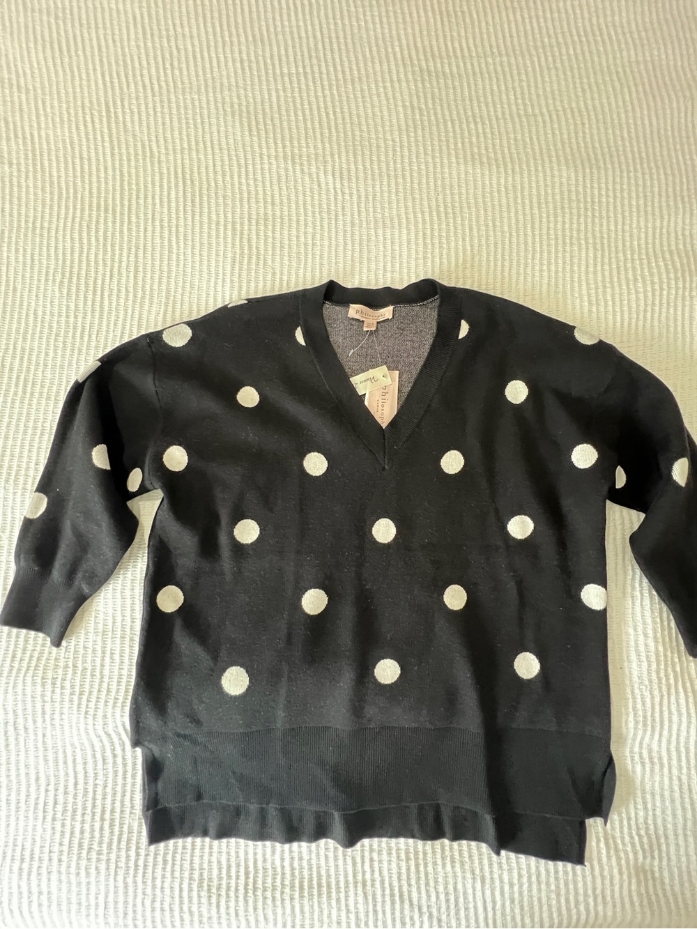 Philosophy Black V-Neck Sweater with Cream Polka Dots NWT